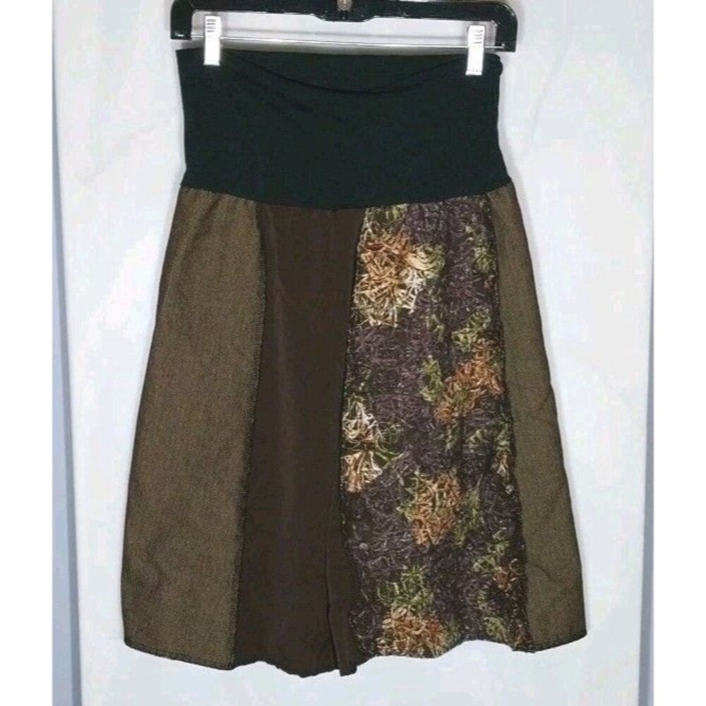 Green 3 Upcycled Patchwork Skirt M Boho Artsy Fairy Grunge Stretch Waist USA Y2K